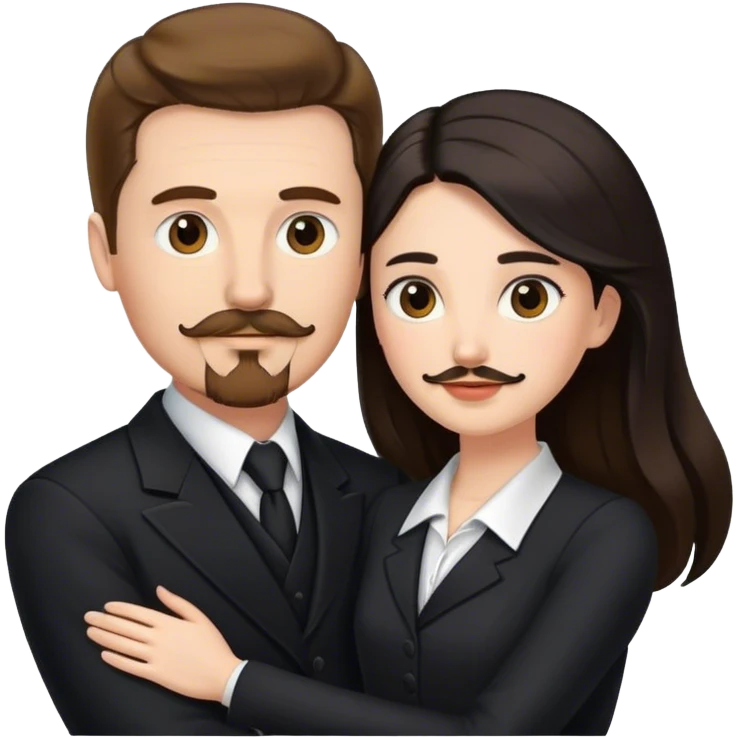 wedding portrait, tall white man with brown hair goatee mustache embracing a pale woman with long black hair, wearing formal clothing emoji