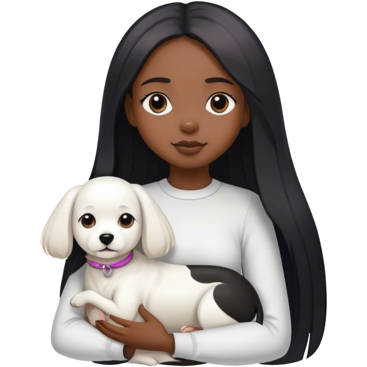 Black long straight girl holding a white dog and a black and white dog emoji