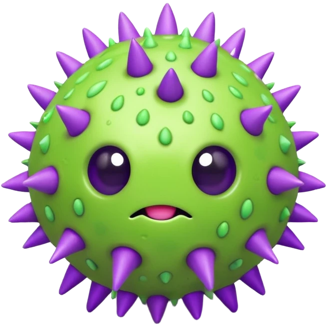 A cute but grumpy 3D render icon of a virus. A spherical shape covered in rounded mushroom-like spikes. Glossy plastic material, cartoonish style. Color palette: bright slime green and purple spikes. Soft studio lighting. Isolated on a solid light background. Minimalist design. emoji