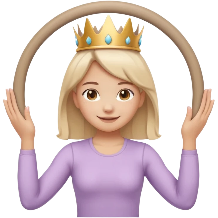 Cute emoji sticker of a girl holding a Pilates ring (magic circle) with both hands, squeezing it. She is smiling, wearing a tiny crown and beige activewear. Pastel accents, kawaii style, clean white outline, transparent background. emoji