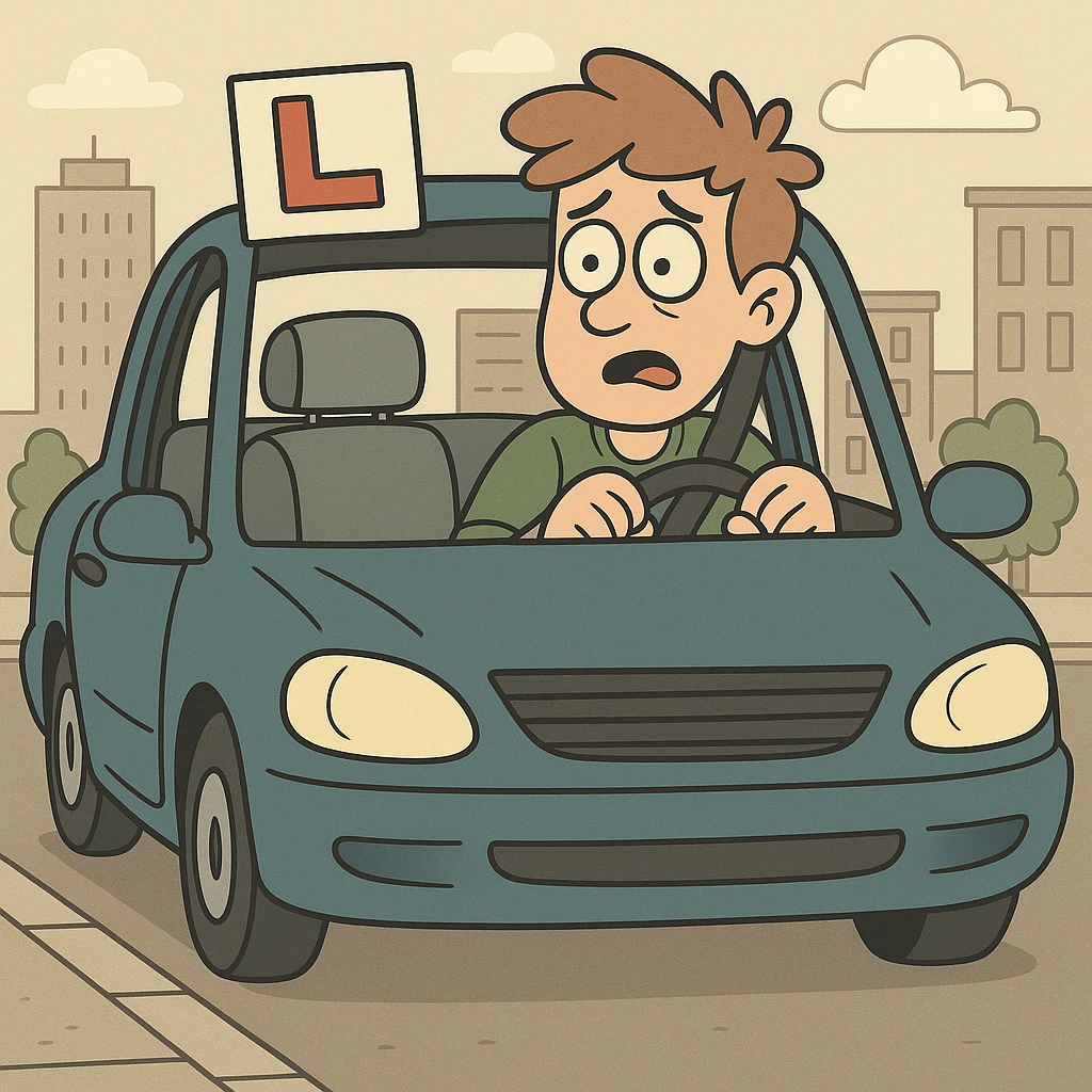 Add a simple city background, keep the learner driver in the car with L-plate on windshield, cartoon style flat toon illustration. emoji