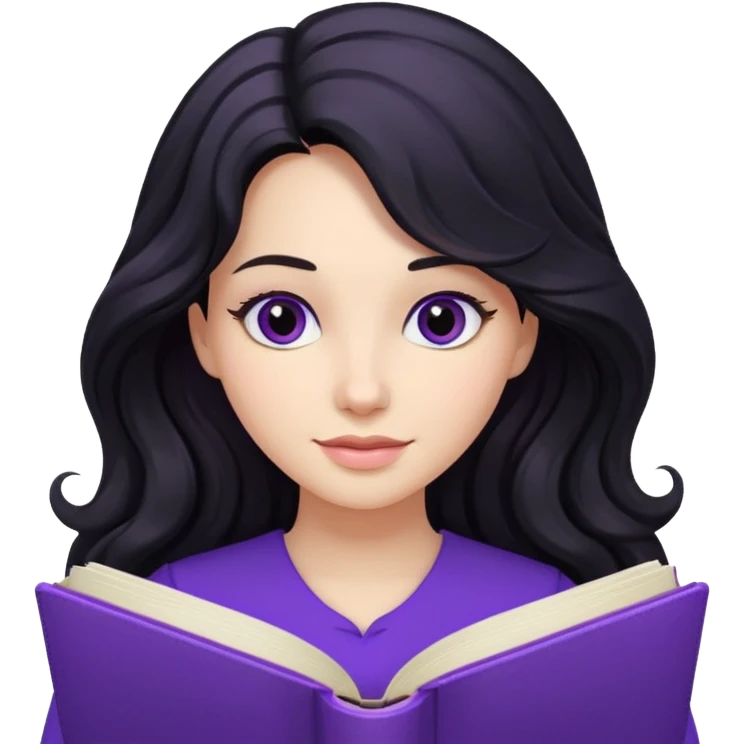 Long Hair Women with purple Book, Black wavy hair emoji
