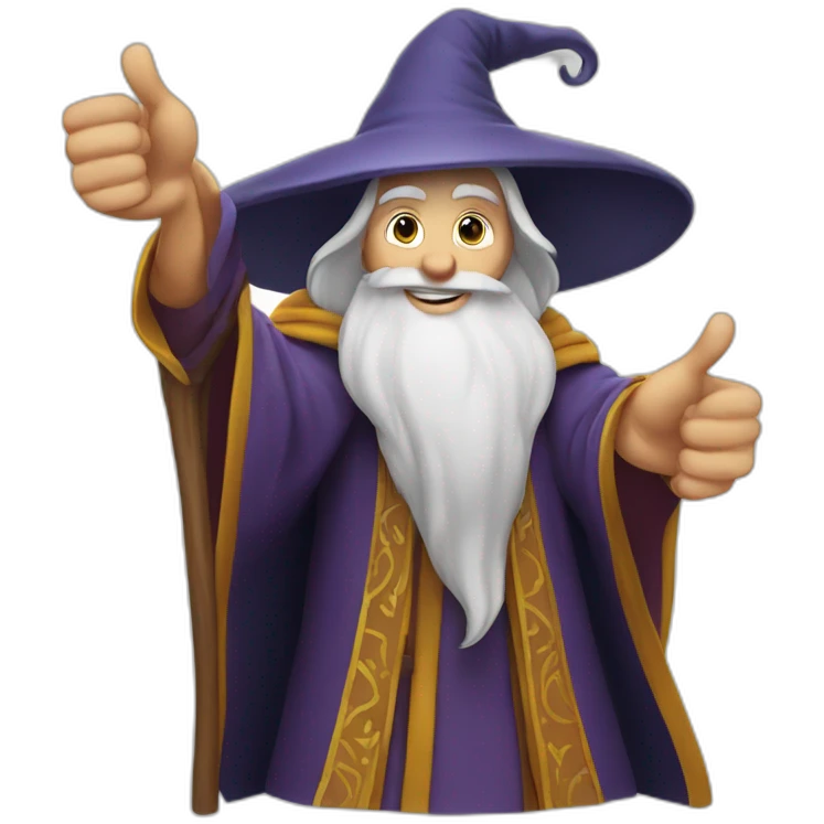 face wizard style of Merlin, with thumbs up emoji