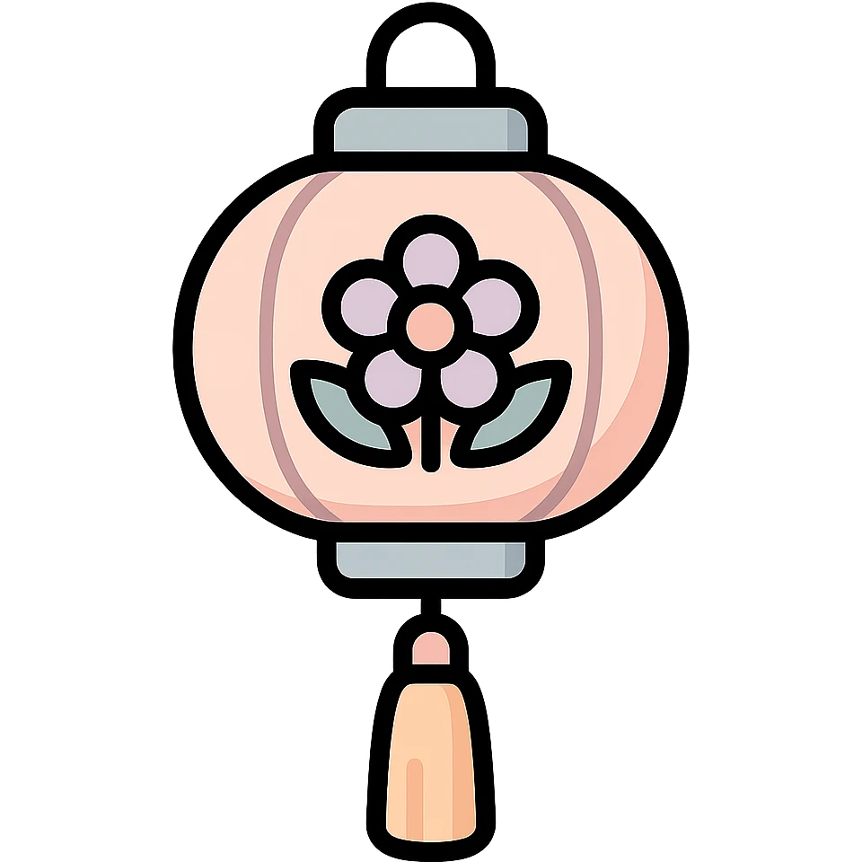 beautiful Chinese lantern with floral ornament, thin clean outlines, soft rounded shapes, pastel palette #98B5BC, #B5B3C1, #C9A3C9, #E4C0CA, #F7DCD1, #F7C0AA, detailed shadows and highlights, soft lighting, transparent background, oriental style emoji