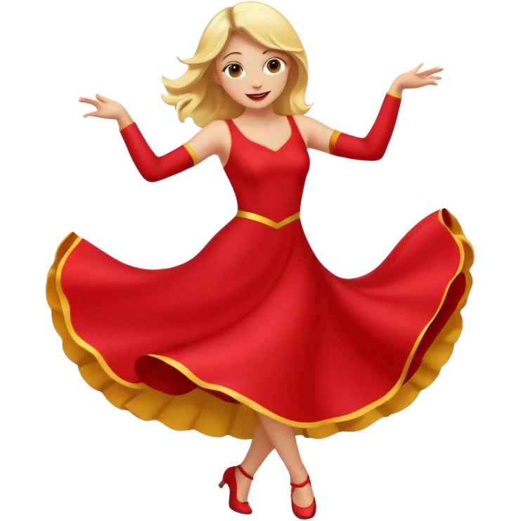a yellow-blonde woman dancing wearing a red dress, in flat emoji / Apple style, smooth shapes, glossy highlights, bright saturated colors, simple features, minimal details, no outlines, red clothes flowing, joyful pose
 emoji