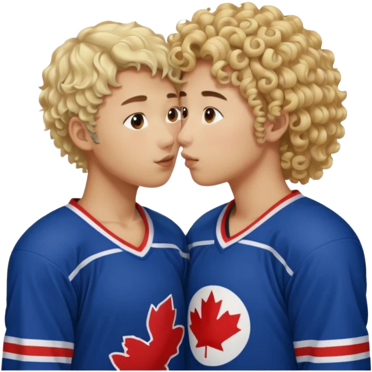 Asian hickey player kissing curly hair blonde hockey player emoji