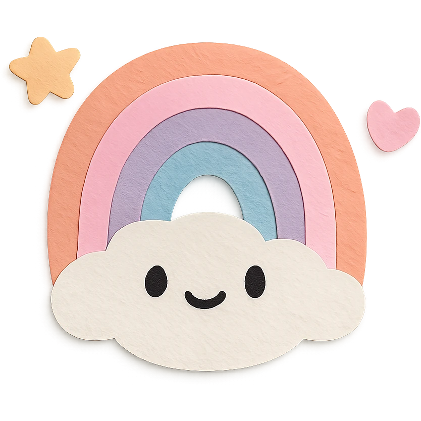 kawaii tiny rainbow with floating star and heart around, no arms, no legs, transparent background, full body, soft pastel kawaii paper craft style emoji