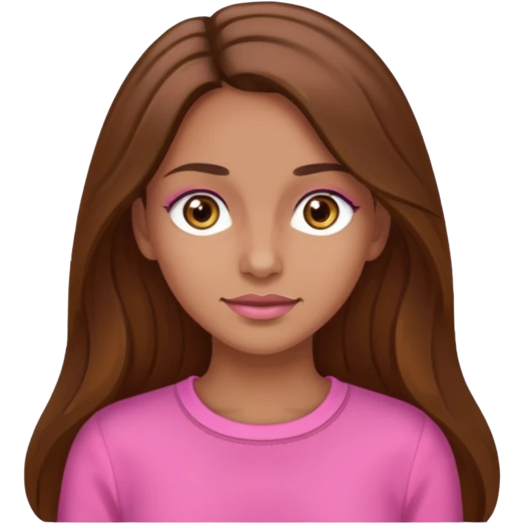Tan skinned woman with long brown hair, hazel colored eyes, and wearing a pink outfit. emoji