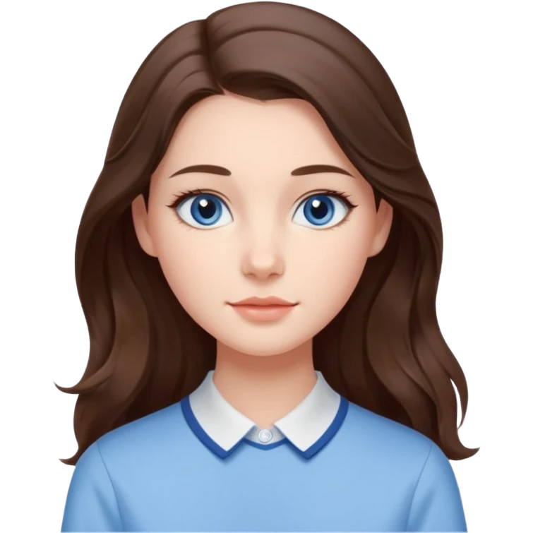 Realistic Student Portrait, with porcelain-like skin featuring a natural rosy flush, iHer Brunette Half-Up Style for Straight  hair flows in soft, Her deep blue eyes radiate warmth and innocence,  wear light blue preppy style. emoji