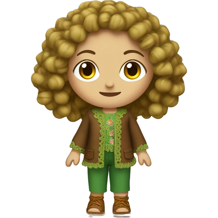 girl with blonde curly hair wearing green and brown hippie crochet outfit and brown shoes emoji
