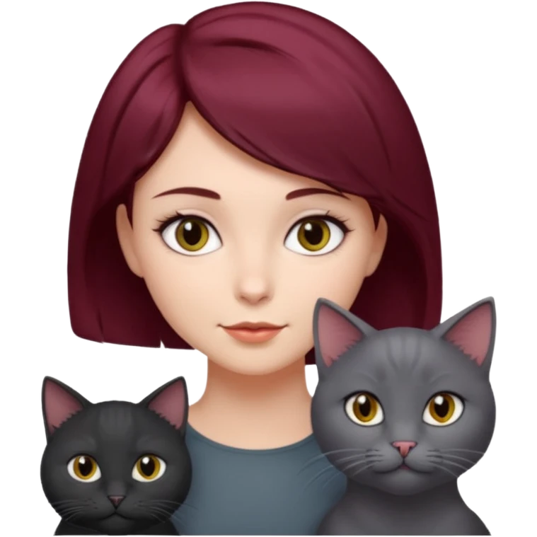 femme au cheveux court bordeau, yeux gris,  avec chat poils longs gris et chat poils ras noirs emoji