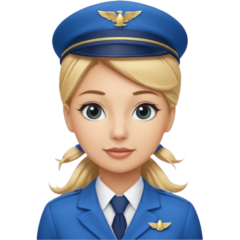 Create an emoji of a female flight attendant with blonde hair tied up, wearing a blue flight attendant hat and a blue flight attendant uniform. emoji
