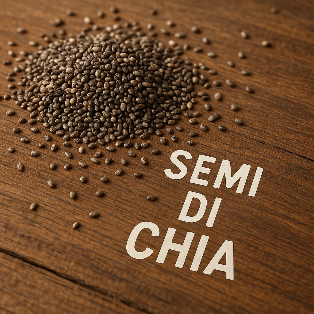 photo realistic chia seeds scattered on a wooden table with the text 'semi di chia' in Italian emoji