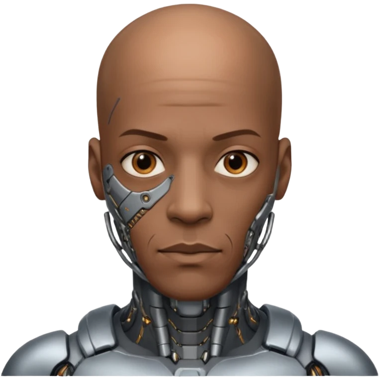 bald black man, vertical half of his face fully covered in cyborg augmentations emoji