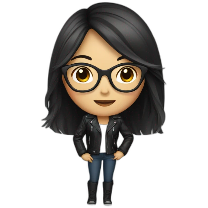 Asian girl in glasses and leather jacket whith dark long hair emoji
