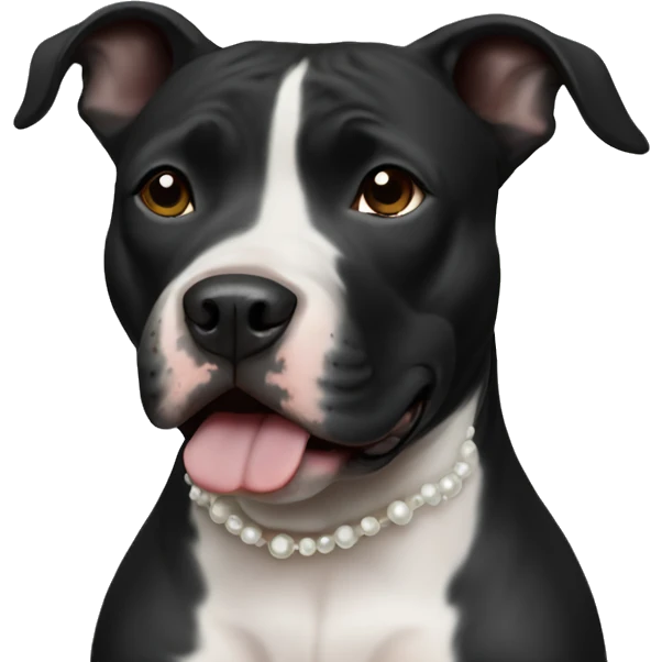 black pitbull female that has a black nose and face with white chest wearing pearls facing forward emoji