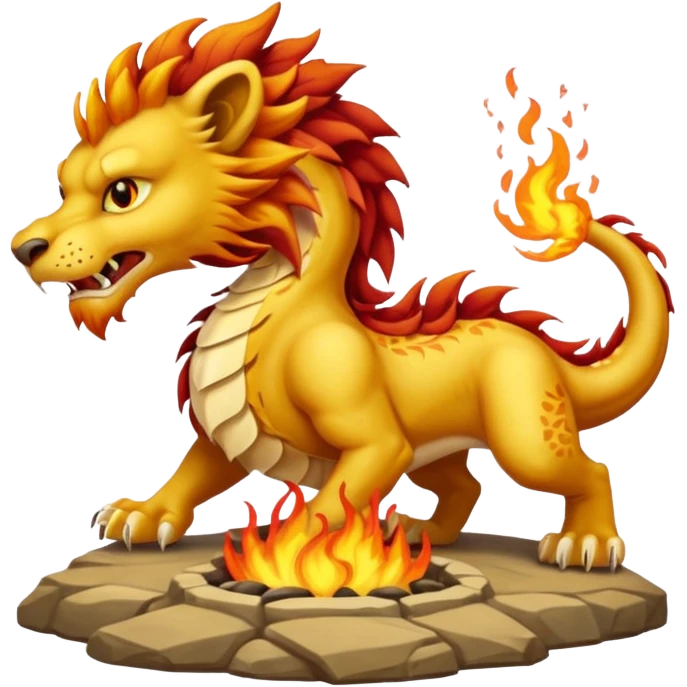 un dragon affrontant un lion, le lion souffle des flammes sur un loup, ambiance épique emoji