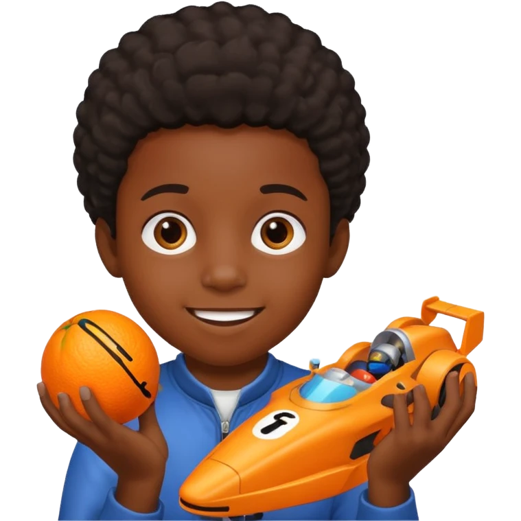 black kid playing orange formula 1 toy emoji