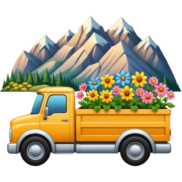 truck with mountains and flowers in the truck bed emoji