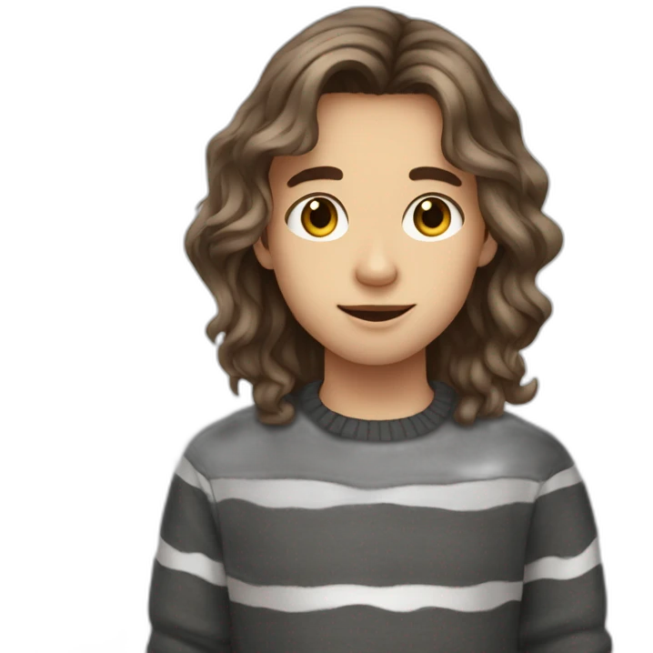 teenager boy brown long wavy hair and dark gray striped sweater emoji