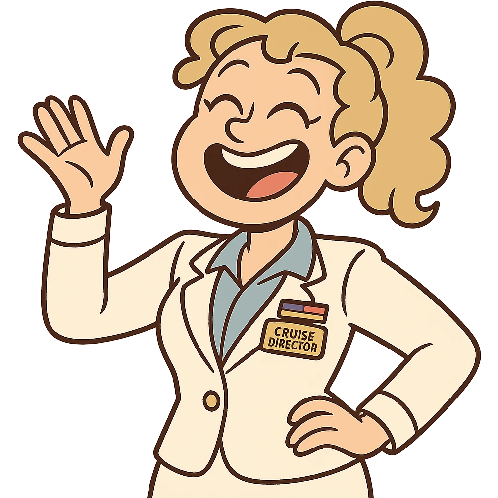 girl cruise director with curly dirty blonde hair in a ponytail, very happy emoji