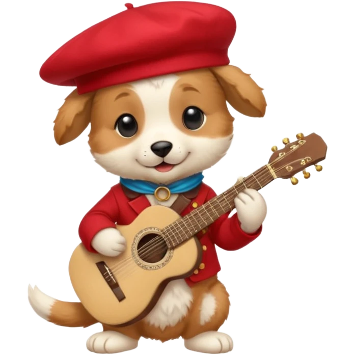 Steampunk:a very cute and adorable anthropomorphic puppy with a red beret is playing an acoustic guitar emoji