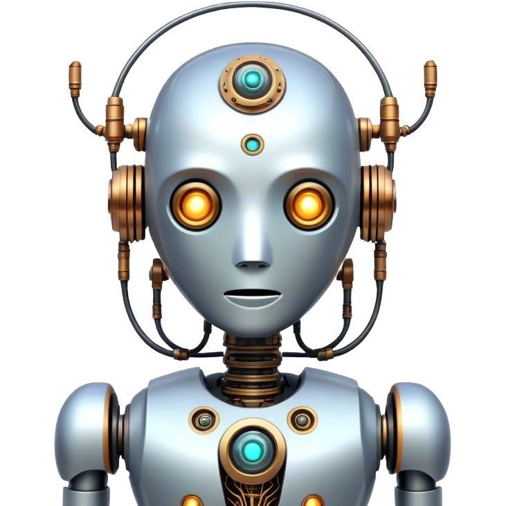 A quirky AI robot with an artistic twist, looking slightly surreal, with a combination of organic and mechanical elements, emitting glowing data streams, inspired by sci-fi and steampunk aesthetics. emoji