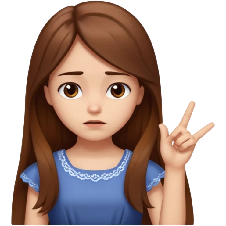 fake costumer loyalty, girl that doesn't care, she is like whatever, brown long hair, cute dress and her hand showing like i dont care whatever, make her look little bit bored emoji