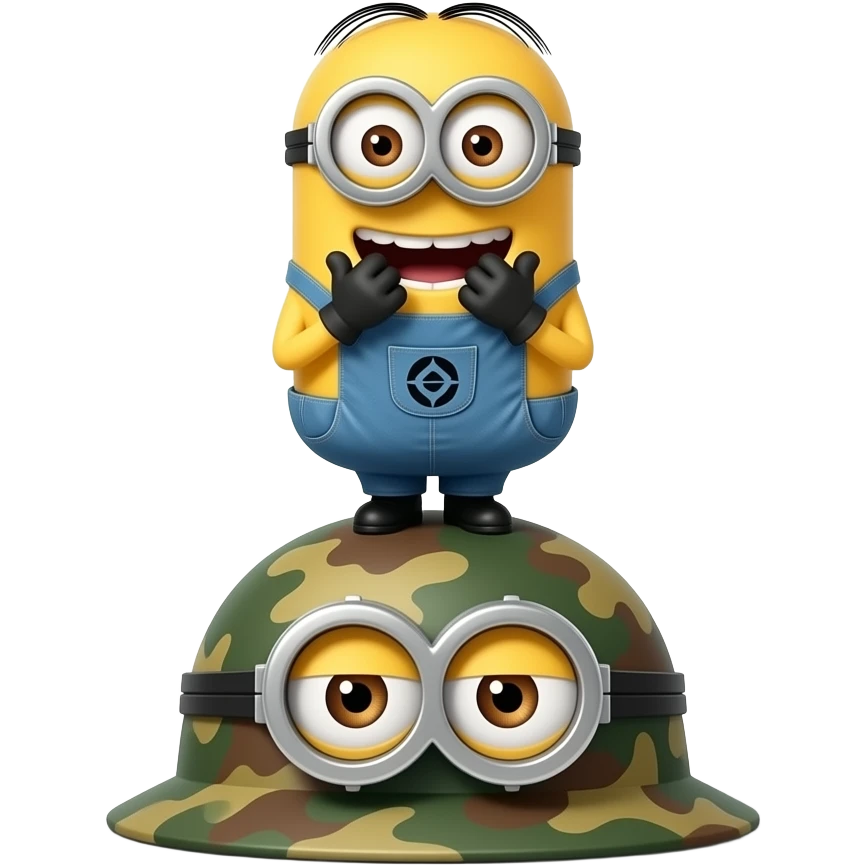 Minion in army uniform  aOT on helmet giggling with hands to mouth text above Khi Khi Khi emoji