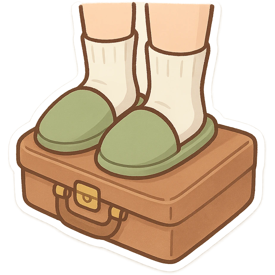Feet with white socks wearing green house slippers standing on a briefcase emoji