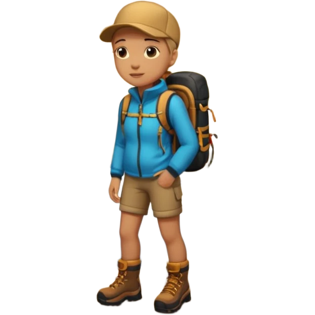 A 3D cartoon hiker silhouette standing on a rocky path at sunset, warm golden light, Memoji-style rendering. inside photo frame emoji