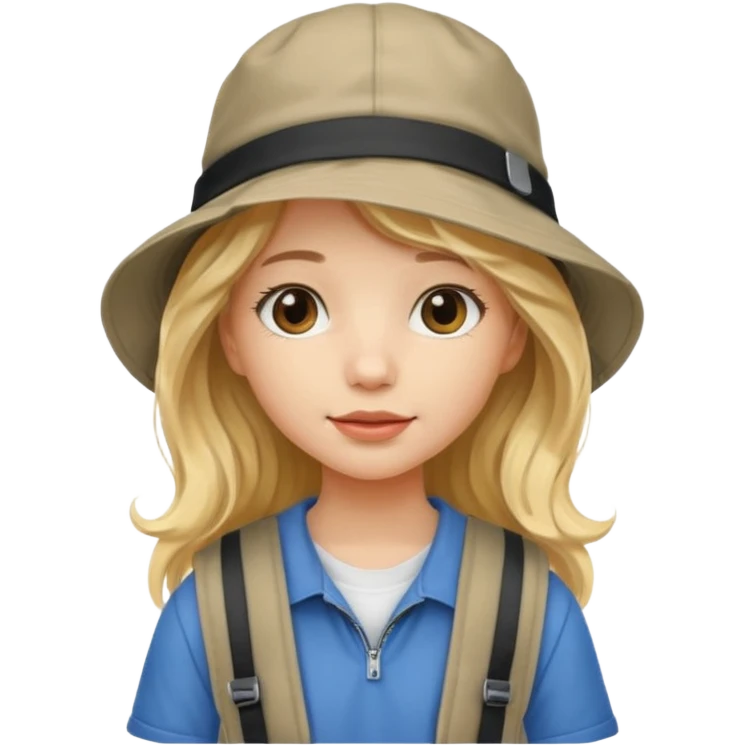 a young student girl with the backpack with bucket hat, blonde wavy long hair emoji