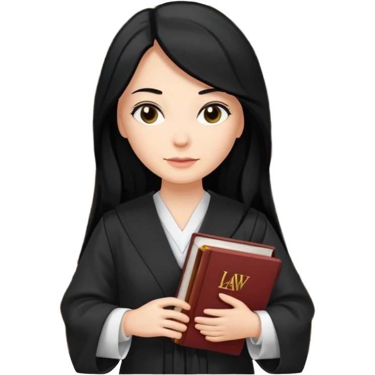 white-women-with-long-black -hair-lawyer-in-lawyer’s-robe. Have law book in hand with bookshelf full of law books in the background emoji