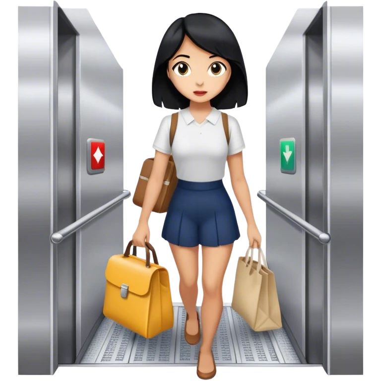Going down an elevator ready for work with lunchbox and tote bag girl with black hair  emoji