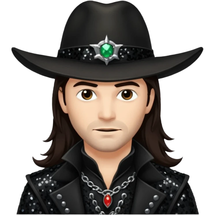 Gabriel Van Helsing from Van Helsing with long dark brown hair, black sequin outfit emoji