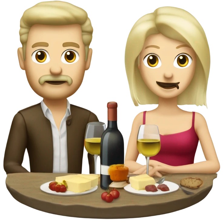 Repas raclette et deux verres de vin blanc en couple 50 ans, femme blonde cheveux aux-dessus des épaules homme petite barbe et moustache grisonnantes et cheveux bruns emoji