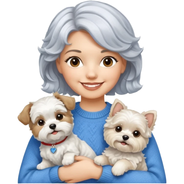 silver, short, wavy-haired with loose curls, smiling pretty lady holding a white west highland terrier dog and a white and tan shih tzu dog emoji