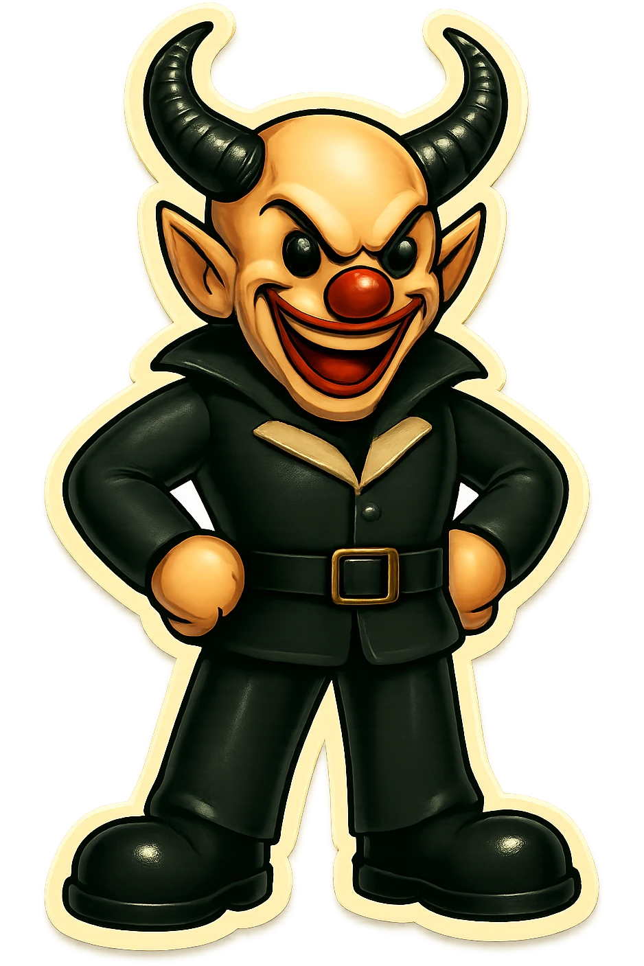 Render the subject in retro sticker style with no border and transparent background, in a relaxed standing pose, hands on hips. emoji