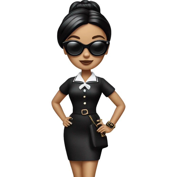 Palm beach Honey Barbie Wednesday Addams ,white face, full body visible, hair done,handbag, small 2 piece, sunglasses,heels,holding yorkie dog  emoji