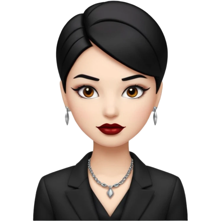 “Emoji girl, sculpted contour, bold dark lipstick, defined brows, sharp eyeliner, sleek black hair updo, statement necklace, black blazer.” emoji