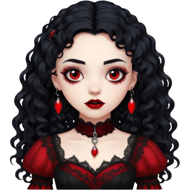 A girl with a red goth vampire look in a blck and red goth lace dress long black curly hair  emoji