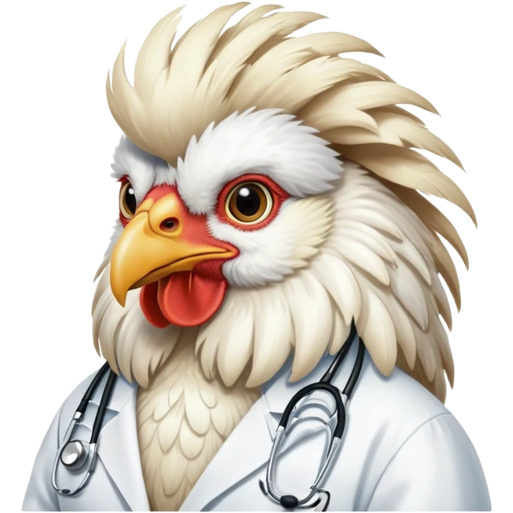 A White Silkie Bantam rooster dressed like a doctor.  The head feathers look like a large, fluffy wig.  emoji