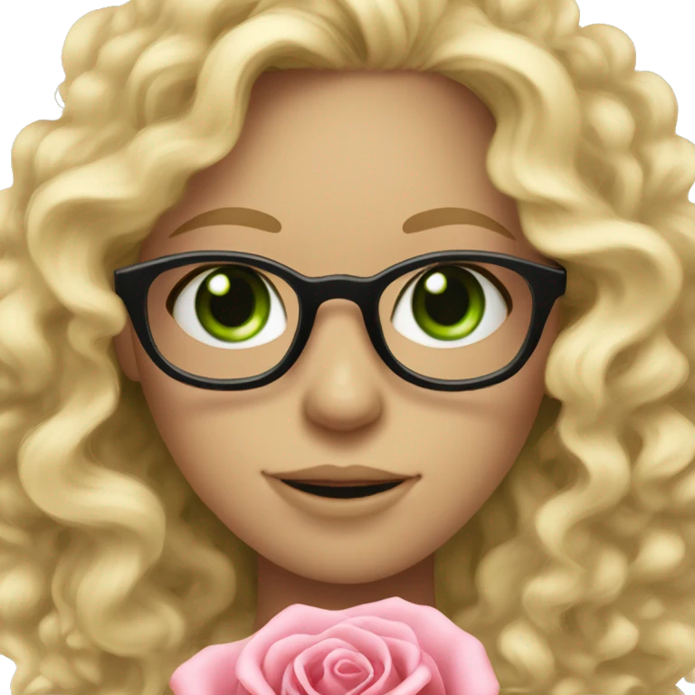Curly blonde girl with thin pink glasses and green eyes smilling and holding rose emoji