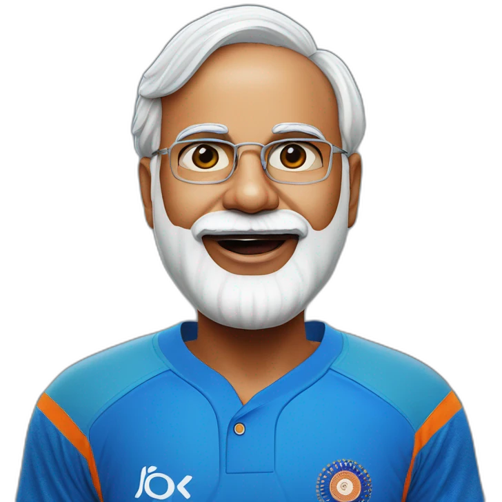 hyper realistic narendra modi in blue indian cricket team jersey with tongue out emoji