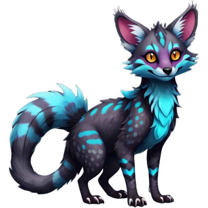 Feral Rare Fantasy dark colorful Vernid-Sergal-Genet-Trico-species by LiLaiRa, random markings, tufted tail, tufted ears, full body emoji