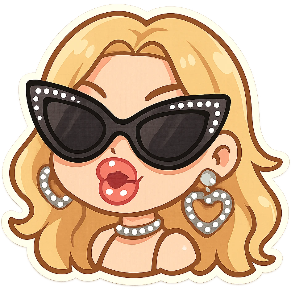 Slayyyter inspired emoji, glamorous, big sunglasses, glossy lips, rhinestone accessories, energetic vibe emoji
