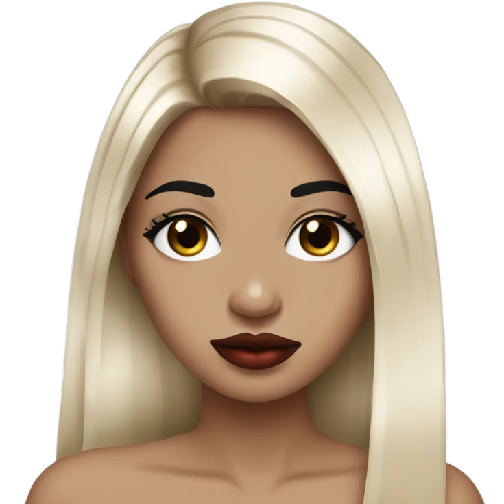 girl with white skin and balayage straight straight hair , black black black eyes with eyelashes, black eyebrows red lips,  emoji