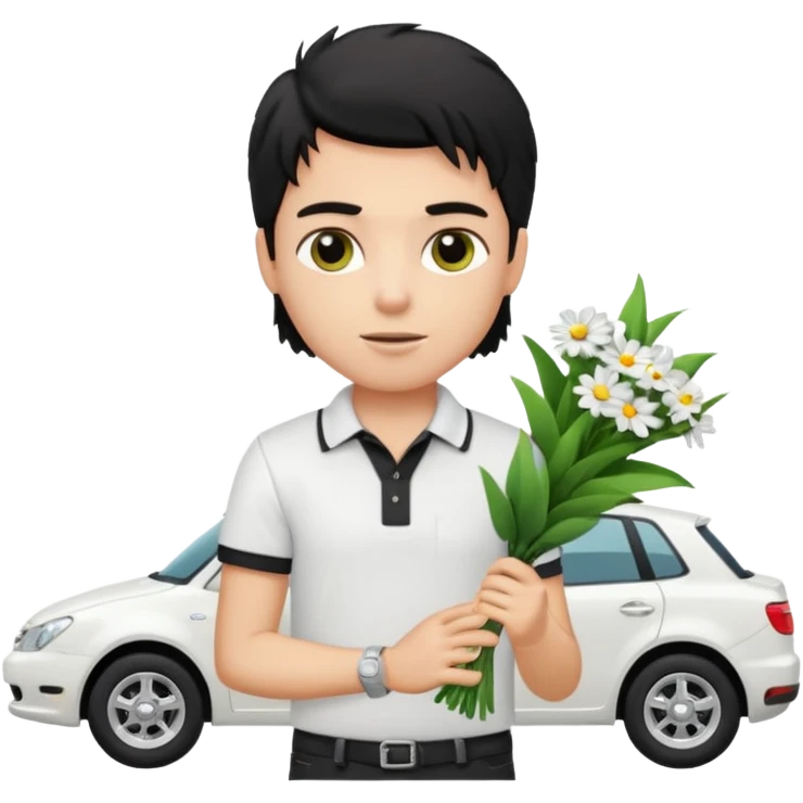 generate a pretty fair bratz boy with a messy mullet (black hair), wearing a white polo.  carrying a bouquet made of money. expensive car behind him emoji