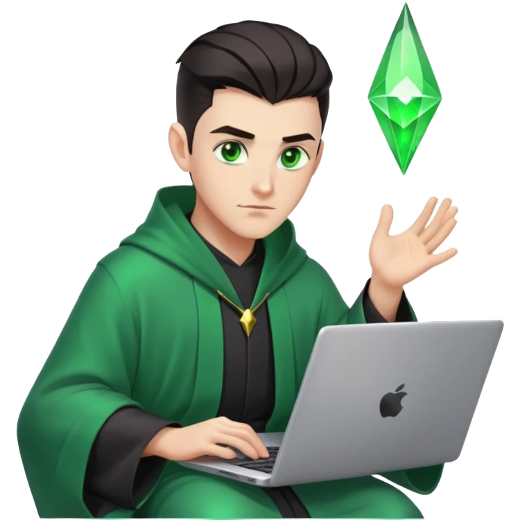 male wizzard with dark hair, mid fade haircut, slick back hairstyle, green eyes, dark robe green aura coding on laptop emoji
