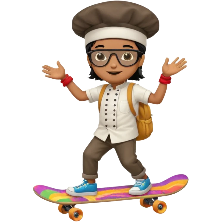 ["A happy boy with brown skin, straight hair, wearing a chef hat and sunglasses, dressed in hippie fashion, is skateboarding while holding a backpack."] emoji